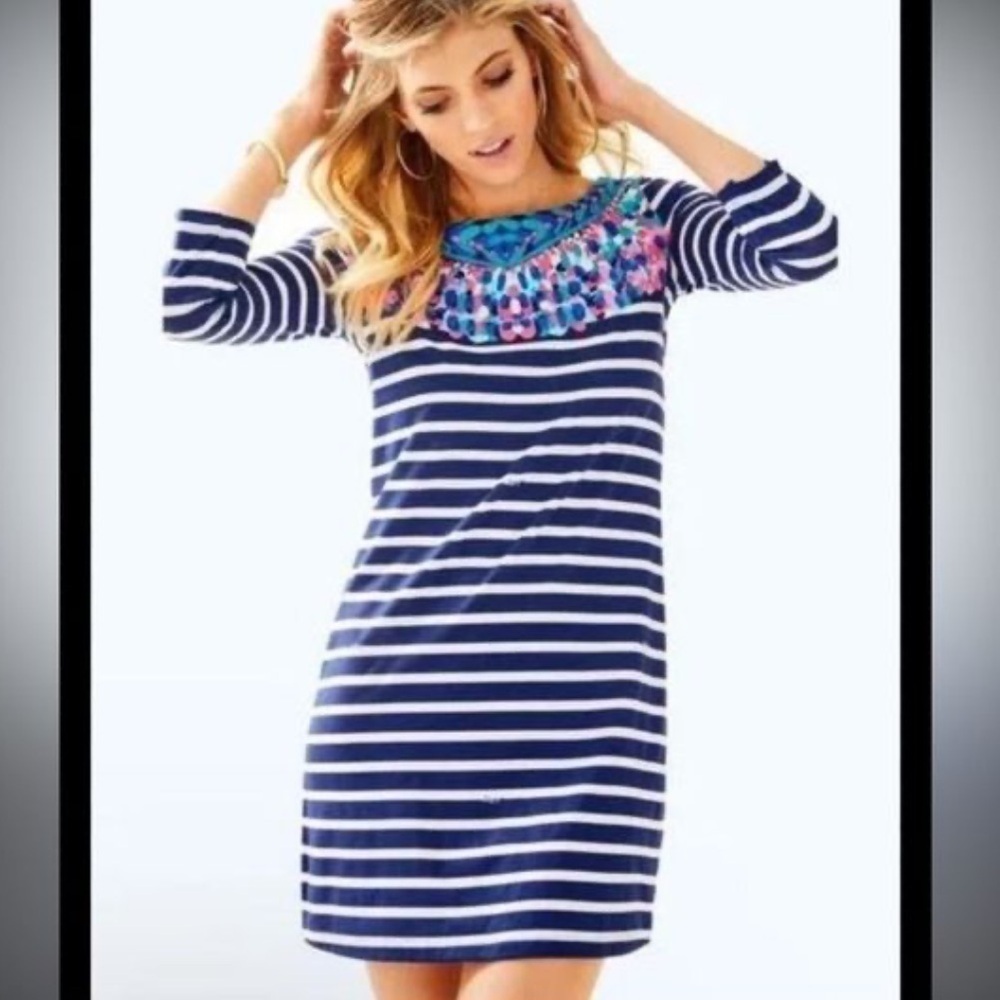 Lilly Pulitzer Bay Dress Bright Navy Island Medallion Stripe Xxs L1